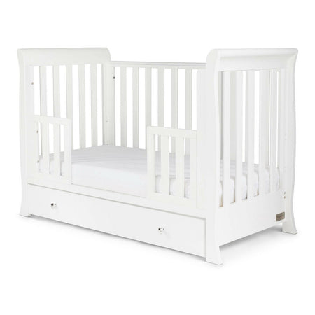 Ickle Bubba Snowdon MINI 4-in-1 Cot Bed & Drawer - White - quarter view, junior bed with protective mini side rails