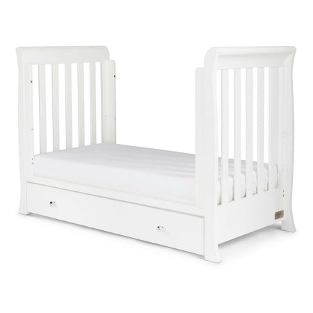 Ickle Bubba Snowdon MINI 4-in-1 Cot Bed & Drawer - White - quarter view, junior/day bed with side rails removed