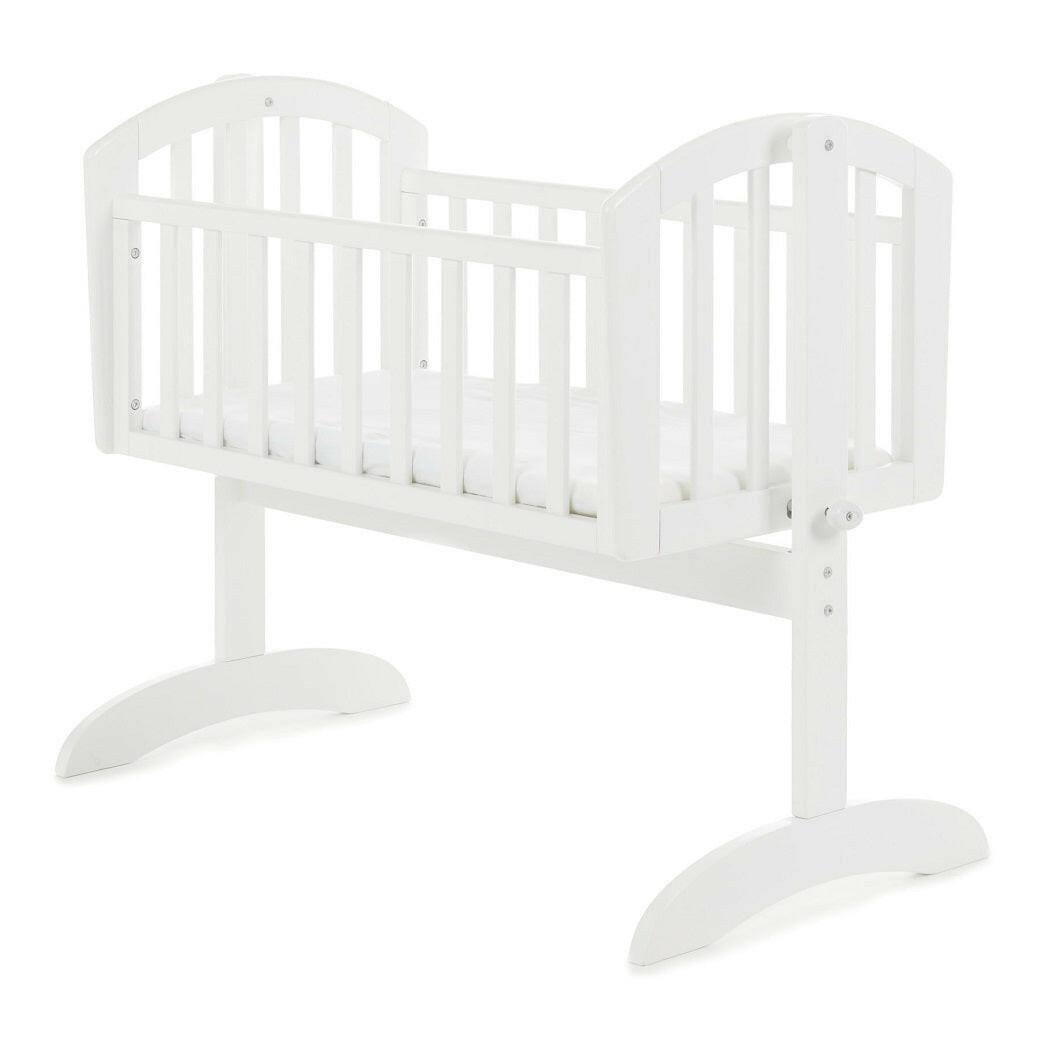 Obaby Sophie Swinging Crib - White, showing the crib with the foam mattress