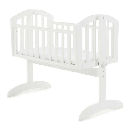 Obaby Sophie Swinging Crib - White, showing the crib with the foam mattress