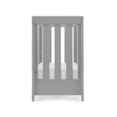 Obaby Stamford Space Saver Cot (Warm Grey) - end view, shown here with the mattress base at its lowest level (mattress not included)