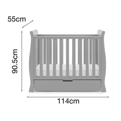 Obaby Stamford Space Saver Cot With SPRUNG Mattress (Warm Grey) - showing the space saver cot`s dimensions