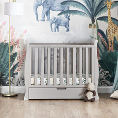 Obaby Stamford Space Saver Cot (Warm Grey) - lifestyle image (bedding, mattress, lamp and accessories not included)