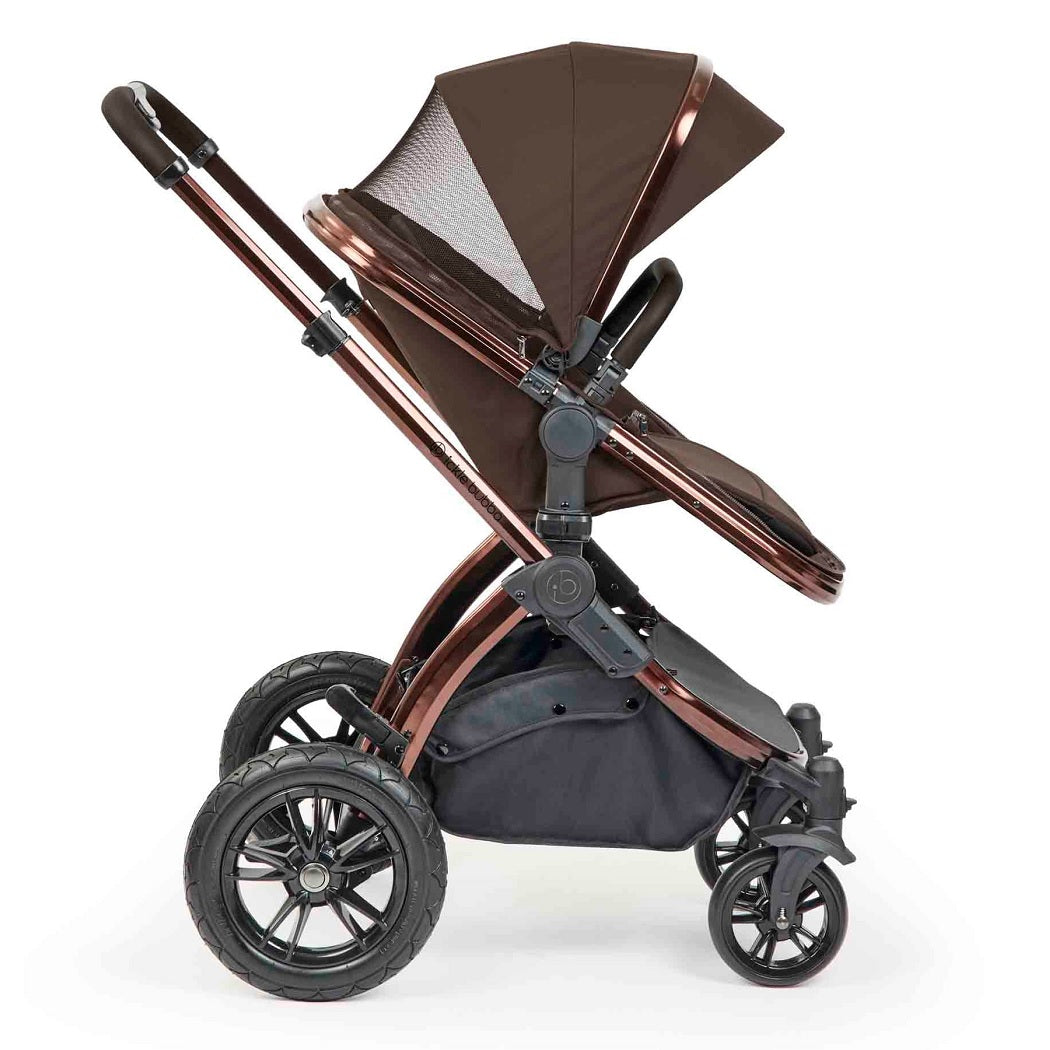 Ickle Bubba Stomp Luxe Elements Pushchair - Chestnut - side view, forward-facing with ventilated hood panel