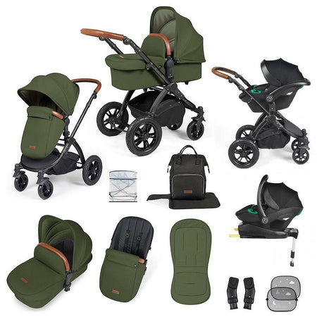 Ickle Bubba Stomp LUXE Travel System with Cirrus i-Size Car Seat & ISOFIX Base - Black/Woodland/Tan - included items