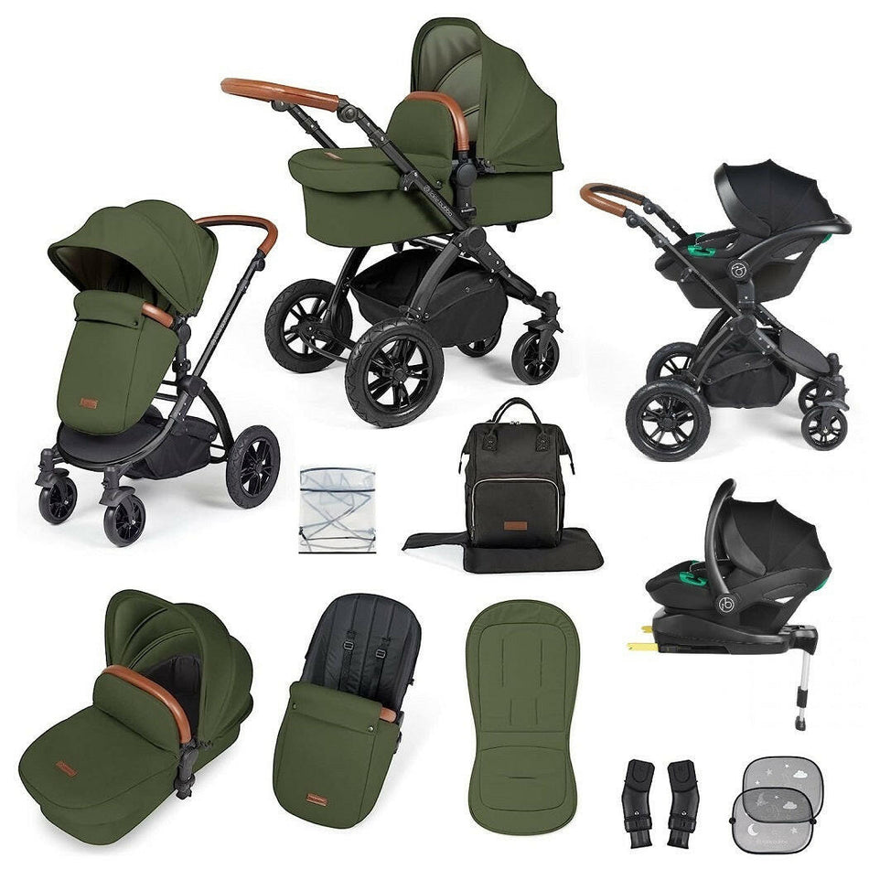 Ickle Bubba Stomp LUXE Travel System with Cirrus i-Size Car Seat & ISOFIX Base - Black/Woodland/Tan - included items