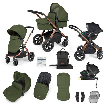 Ickle Bubba Stomp LUXE Travel System with Cirrus i-Size Car Seat & ISOFIX Base - Bronze/Woodland/Black - included items