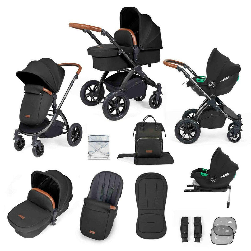 Ickle Bubba Stomp LUXE Travel System with Cirrus i-Size Car Seat & ISOFIX Base - Black/Midnight/Tan - included items