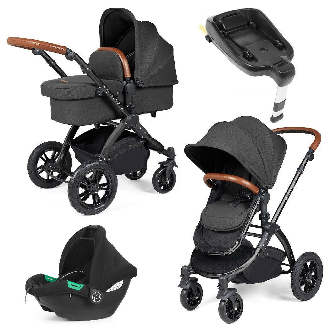 Ickle Bubba Stomp LUXE Travel System with Cirrus i-Size Car Seat & ISOFIX Base - Black/Charcoal/Tan
