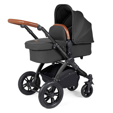 Ickle Bubba Stomp LUXE Pram - Charcoal Grey Fabric with Black Chassis and Tan Handle
