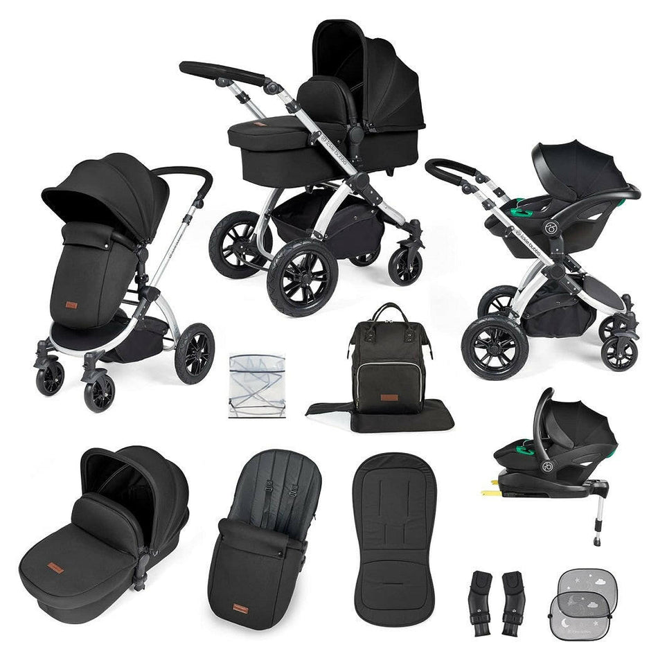 Ickle Bubba Stomp LUXE Travel System with Cirrus i-Size Car Seat & ISOFIX Base - Silver/Midnight/Black - included items