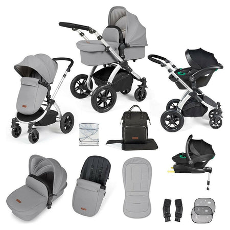 Ickle Bubba Stomp LUXE Travel System with Cirrus i-Size Car Seat & ISOFIX Base - Silver/Pearl Grey/Black - included items