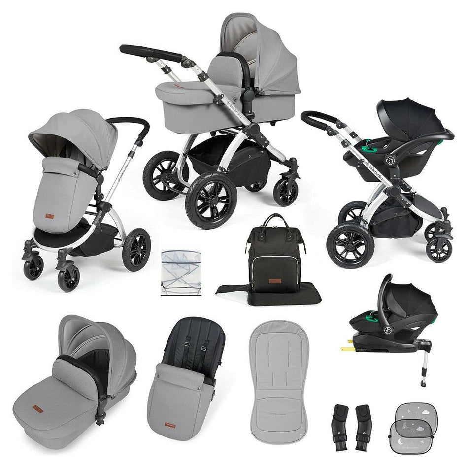 Ickle Bubba Stomp LUXE Travel System with Cirrus i-Size Car Seat & ISOFIX Base - Silver/Pearl Grey/Black - included items
