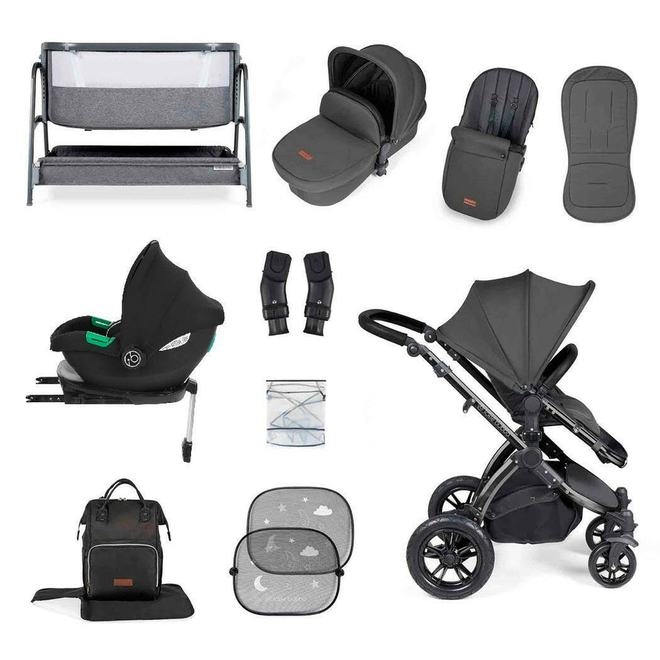 Ickle Bubba Stomp LUXE Travel System with Cirrus i-Size Car Seat & ISOFIX Base plus Bubba&Me Crib - Black/Charcoal/Black