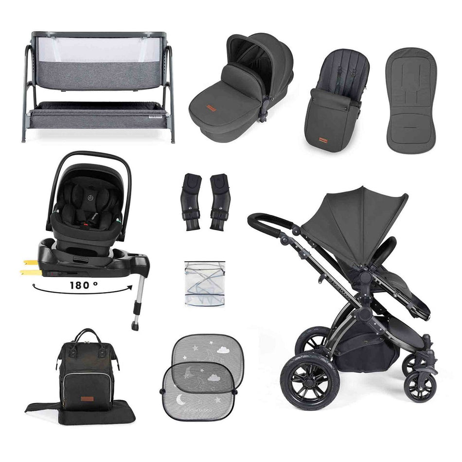 Ickle Bubba Stomp LUXE Travel System with Nimbus i-Size Car Seat & ISOFIX Base plus Bubba&Me Crib - Black/Charcoal Grey/Black