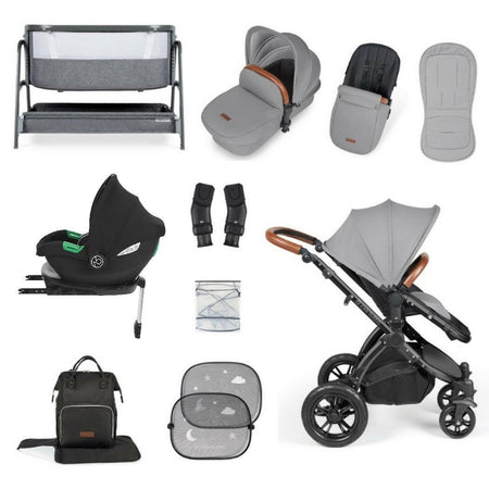 Ickle Bubba Stomp LUXE Travel System with Cirrus Car Seat & Base plus Bubba&Me Crib - Black/Pearl Grey/Tan