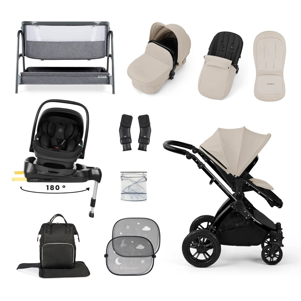 Ickle Bubba Stomp LUXE Travel System with Nimbus i-Size Car Seat & ISOFIX Base plus Bubba&Me Crib - Black/Stone/Black