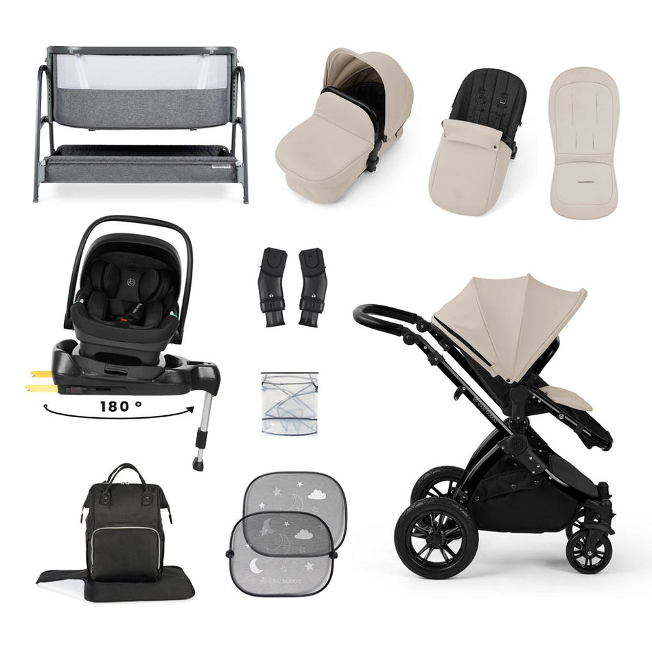 Ickle Bubba Stomp LUXE Travel System with Nimbus i-Size Car Seat & ISOFIX Base plus Bubba&Me Crib - Black/Stone/Black