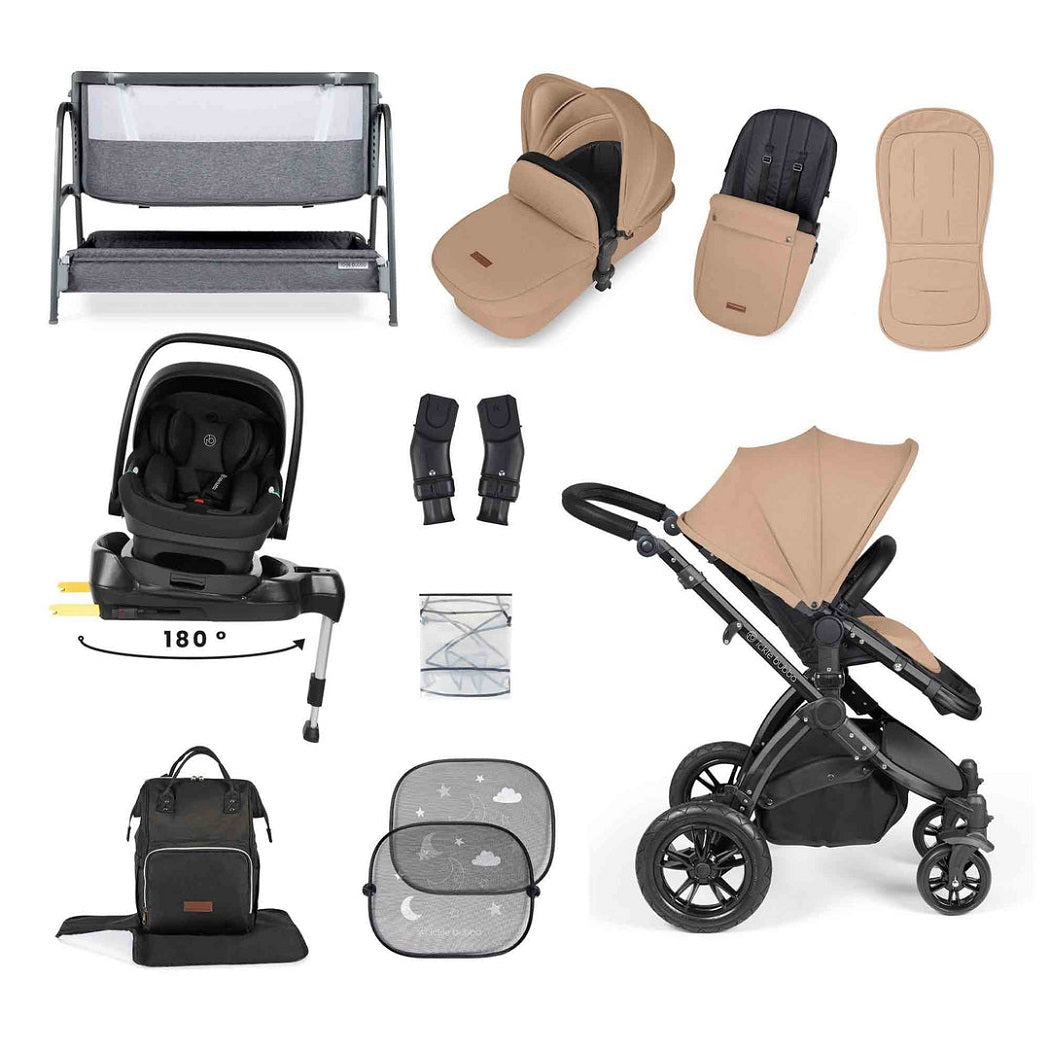 Ickle Bubba Stomp LUXE Travel System with Nimbus i-Size Car Seat & ISOFIX Base plus Bubba&Me Crib - Black/Desert/Black