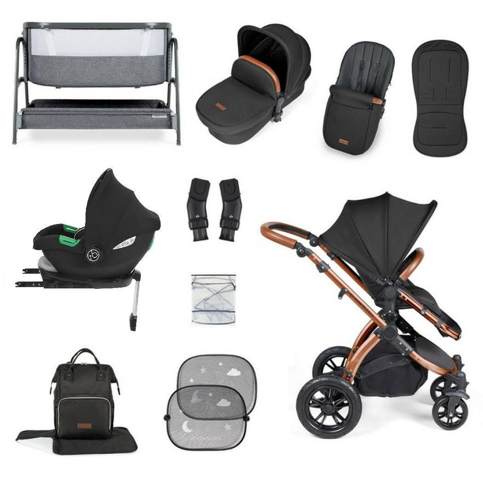 Ickle Bubba Stomp LUXE Travel System with Cirrus i-Size Car Seat & ISOFIX Base plus Bubba&Me Crib - Bronze/Midnight/Tan
