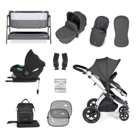 Ickle Bubba Stomp LUXE Travel System with Cirrus i-Size Car Seat & ISOFIX Base plus Bubba&Me Crib - Silver/Charcoal/Black