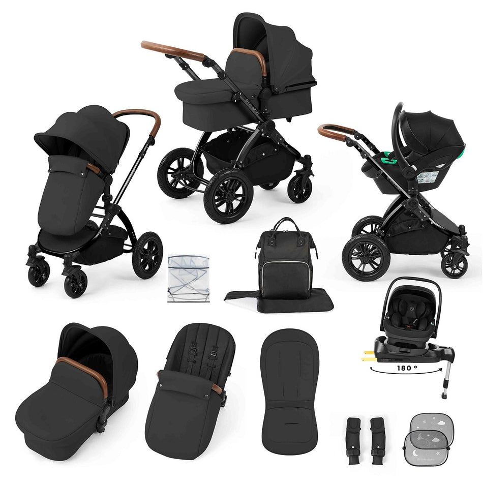 Ickle Bubba Stomp LUXE Travel System with Nimbus i-Size Car Seat & ISOFIX Base - Black/Charcoal Grey/Black