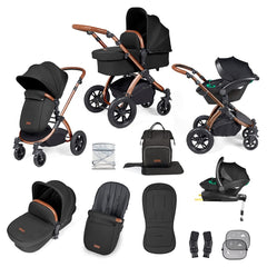 Ickle Bubba Stomp LUXE Travel System with Stratus Car Seat & ISOFIX Base (Bronze/Midnight/Tan) - showing the items included in this bundle