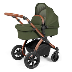 Ickle Bubba Stomp LUXE Travel System - Bronze/Woodland/Tan - showing the carrycot and chassis together as the pram