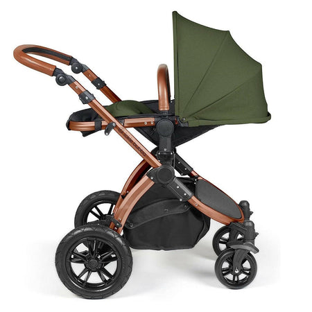 Ickle Bubba Stomp LUXE Travel System - Bronze/Woodland/Tan - showing the seat unit and chassis together as the pushchair in parent-facing mode with the seat reclined