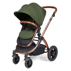 Ickle Bubba Stomp LUXE Travel System with Stratus Car Seat & ISOFIX Base (Bronze/Woodland/Tan) - showing the pushchair in forward-facing mode