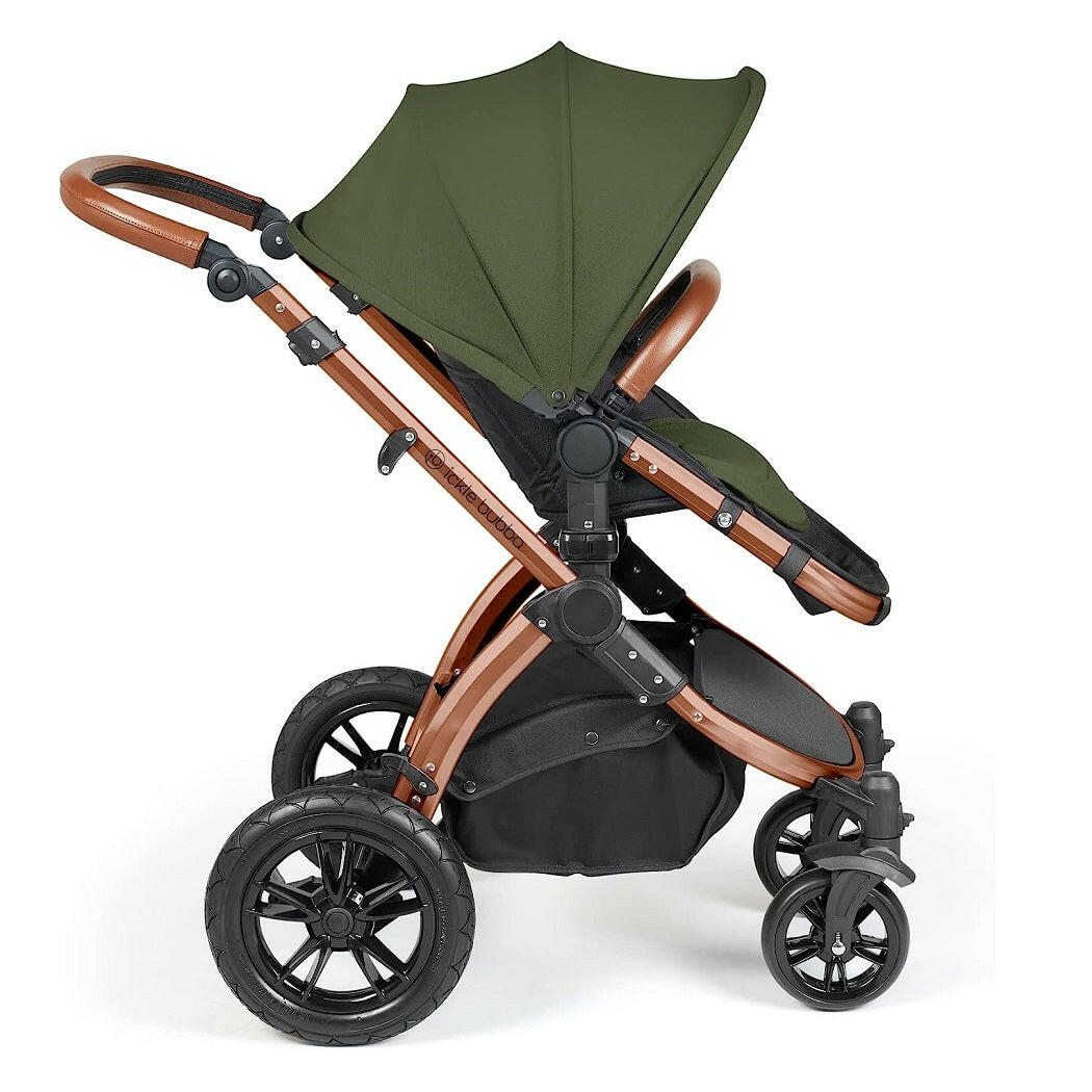 Ickle Bubba Stomp LUXE Travel System - Bronze/Woodland/Tan - side view, showing the forward-facing pushchair