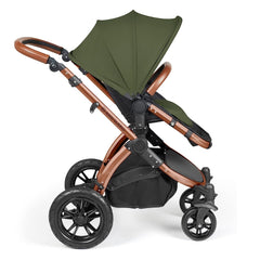 Ickle Bubba Stomp LUXE Travel System - Bronze/Woodland/Tan - side view, showing the forward-facing pushchair