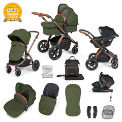 Ickle Bubba Stomp LUXE Travel System with Stratus Car Seat & ISOFIX Base (Bronze/Woodland/Tan) - showing the items included in this bundle