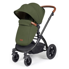 Ickle Bubba Stomp LUXE Travel System with Stratus Car Seat & ISOFIX Base (Black/Woodland/Tan) - showing the pushchair with the footmuff