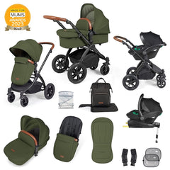 Ickle Bubba Stomp LUXE Travel System with Stratus Car Seat & ISOFIX Base (Black/Woodland/Tan) - showing the items included in this bundle