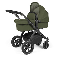 Ickle Bubba Stomp LUXE Travel System with Stratus Car Seat & ISOFIX Base (Black/Woodland/Black) - showing the carrycot and chassis together as the pram