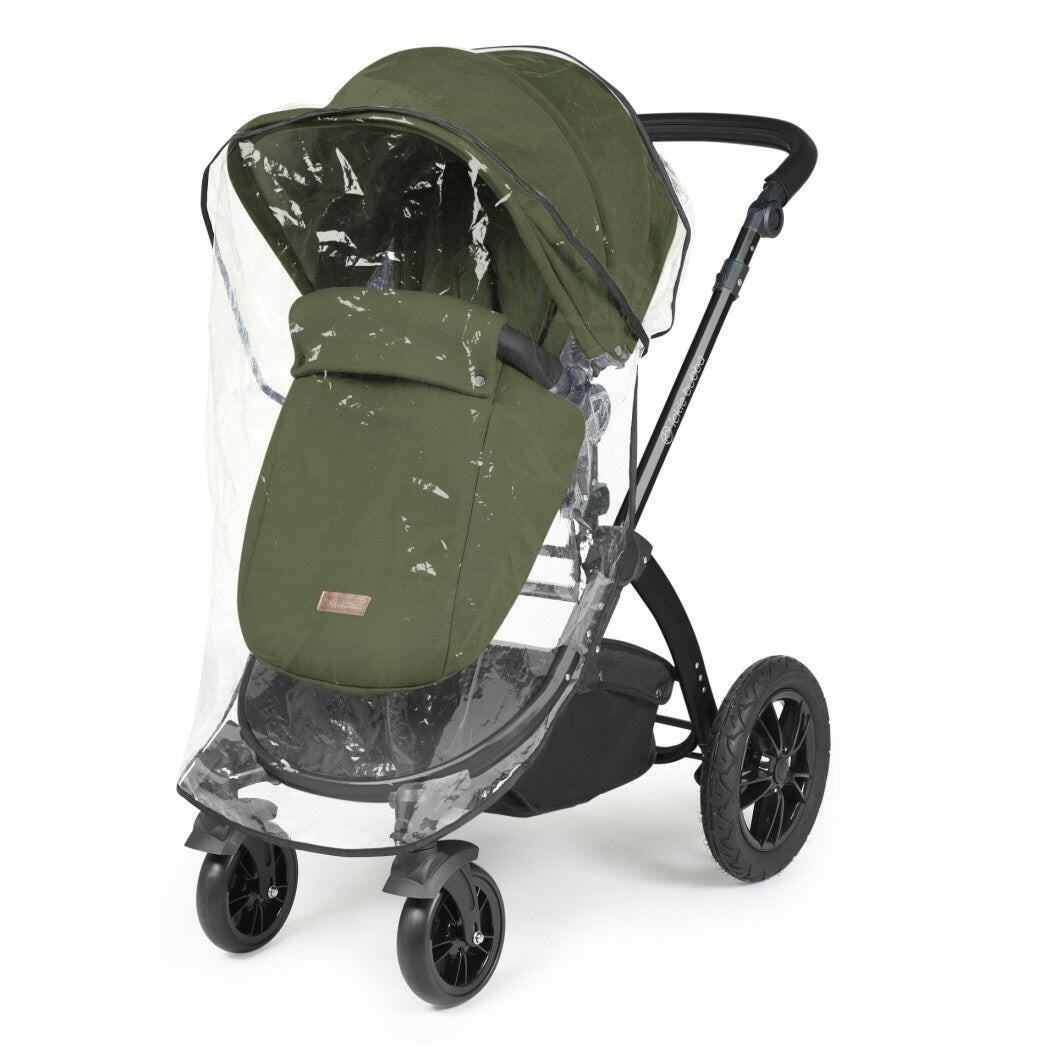 Ickle Bubba Stomp LUXE Travel System - Black/Woodland/Black - showing the pushchair with the footmuff and raincover