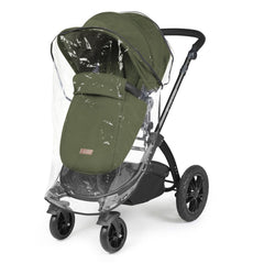 Ickle Bubba Stomp LUXE Travel System - Black/Woodland/Black - showing the pushchair with the footmuff and raincover