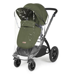 Ickle Bubba Stomp LUXE Travel System with Stratus Car Seat & ISOFIX Base (Black/Woodland/Black) - showing the pushchair with the footmuff and raincover