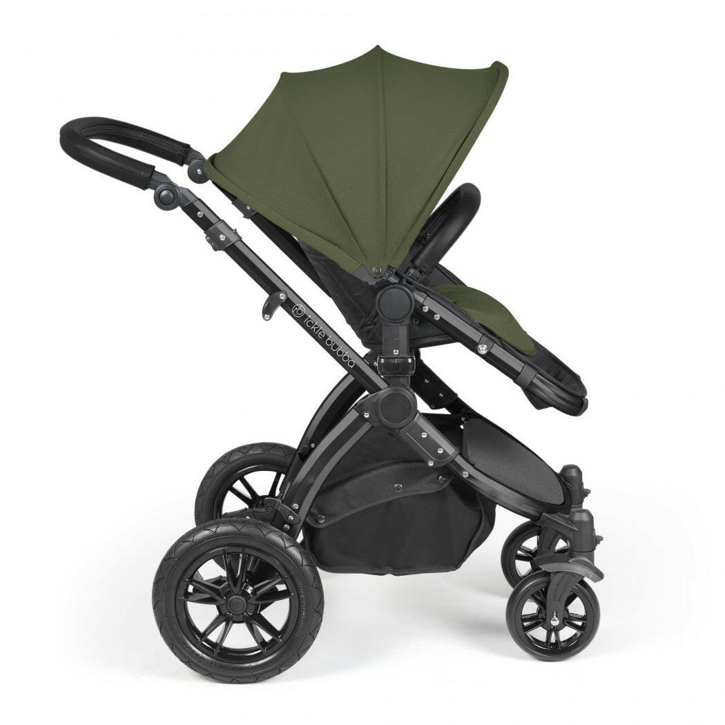 Ickle Bubba Stomp LUXE Travel System - Black/Woodland/Black - showing the pushchair in forward-facing mode