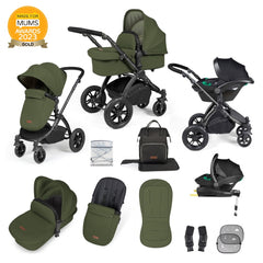 Ickle Bubba Stomp LUXE Travel System with Stratus Car Seat & ISOFIX Base (Black/Woodland/Black) - showing the items included in this bundle