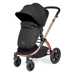 Ickle Bubba Stomp LUXE Travel System with Stratus Car Seat & ISOFIX Base (Bronze/Midnight/Black) - showing the pushchair in forward-facing mode with the included footmuff