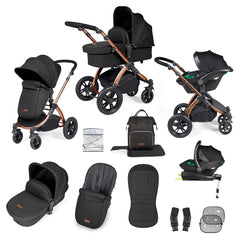 Ickle Bubba Stomp LUXE Travel System with Stratus Car Seat & ISOFIX Base (Bronze/Midnight/Black) - showing the items included in this bundle