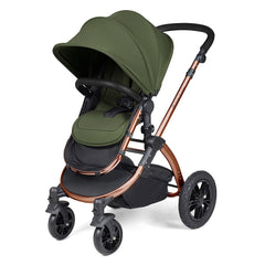 Ickle Bubba Stomp LUXE Travel System with Stratus Car Seat & ISOFIX Base (Bronze/Woodland/Black) - showing the pushchair in forward-facing mode