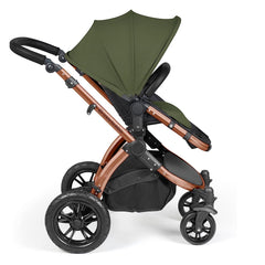 Ickle Bubba Stomp LUXE Travel System with Stratus Car Seat & ISOFIX Base (Bronze/Woodland/Black) - side view, showing the forward-facing pushchair
