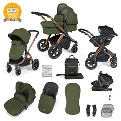 Ickle Bubba Stomp LUXE Travel System with Stratus Car Seat & ISOFIX Base (Bronze/Woodland/Black) - showing the items included in this bundle
