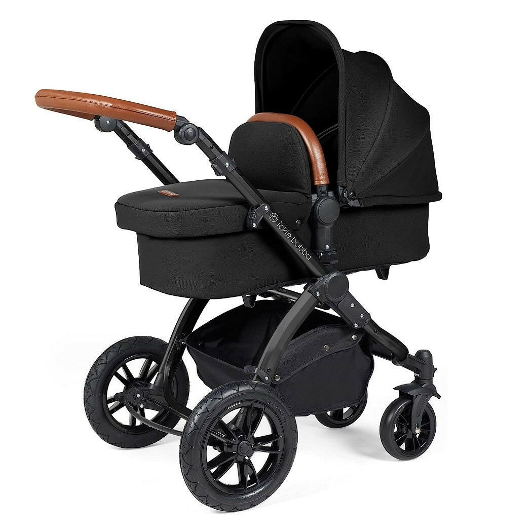 Ickle Bubba Stomp LUXE Travel System - Black/Midnight/Tan - showing the carrycot and chassis together as the pram