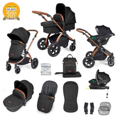 Ickle Bubba Stomp LUXE Travel System with Stratus Car Seat & ISOFIX Base (Black/Midnight/Tan) - showing the items included in this bundle