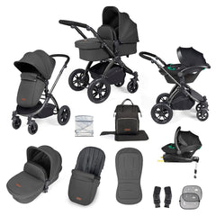 Ickle Bubba Stomp LUXE Travel System with Stratus Car Seat & ISOFIX Base (Black/Charcoal/Black) - showing the items included in this bundle
