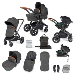 Ickle Bubba Stomp LUXE Travel System with Stratus Car Seat & ISOFIX Base (Black/Charcoal/Tan) - showing the items included in this bundle
